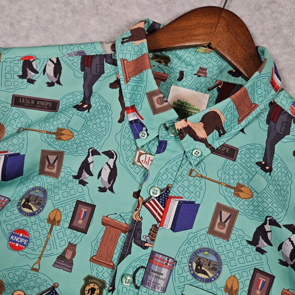 RSVLTS Men's XL Teal Parks and Recreation Leslie Knope Button Up Kunuflex Shirt